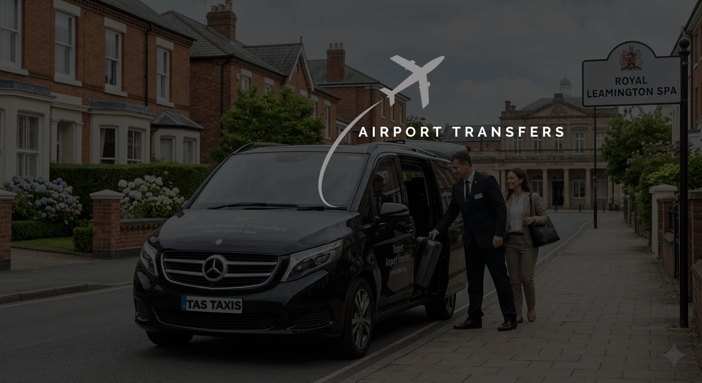 Expert airport transfers from Leamington Spa provided by TAS Taxis. Luxury chauffeur service featuring a black Mercedes minibus for door-to-door travel to major UK airports
